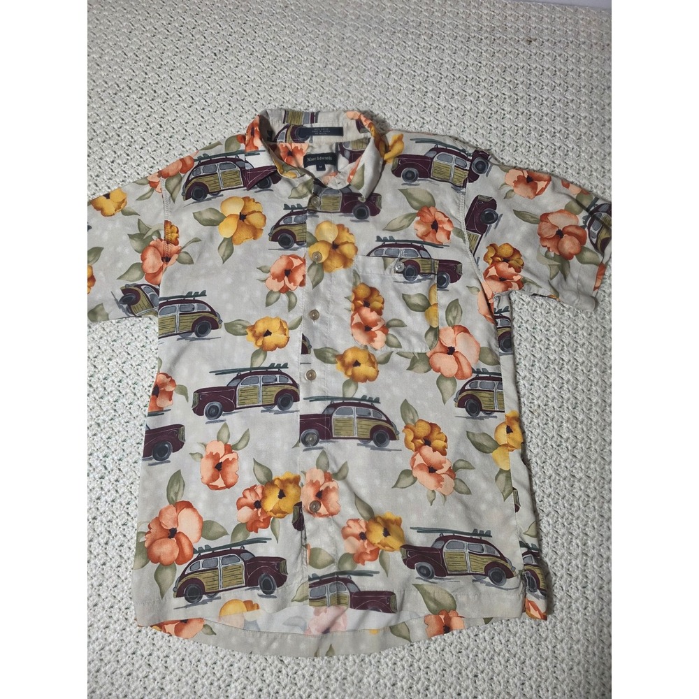 Marc Edwards Hawaiian Shirt Mens Medium Tan Rayon Woodie Surf Car Print
